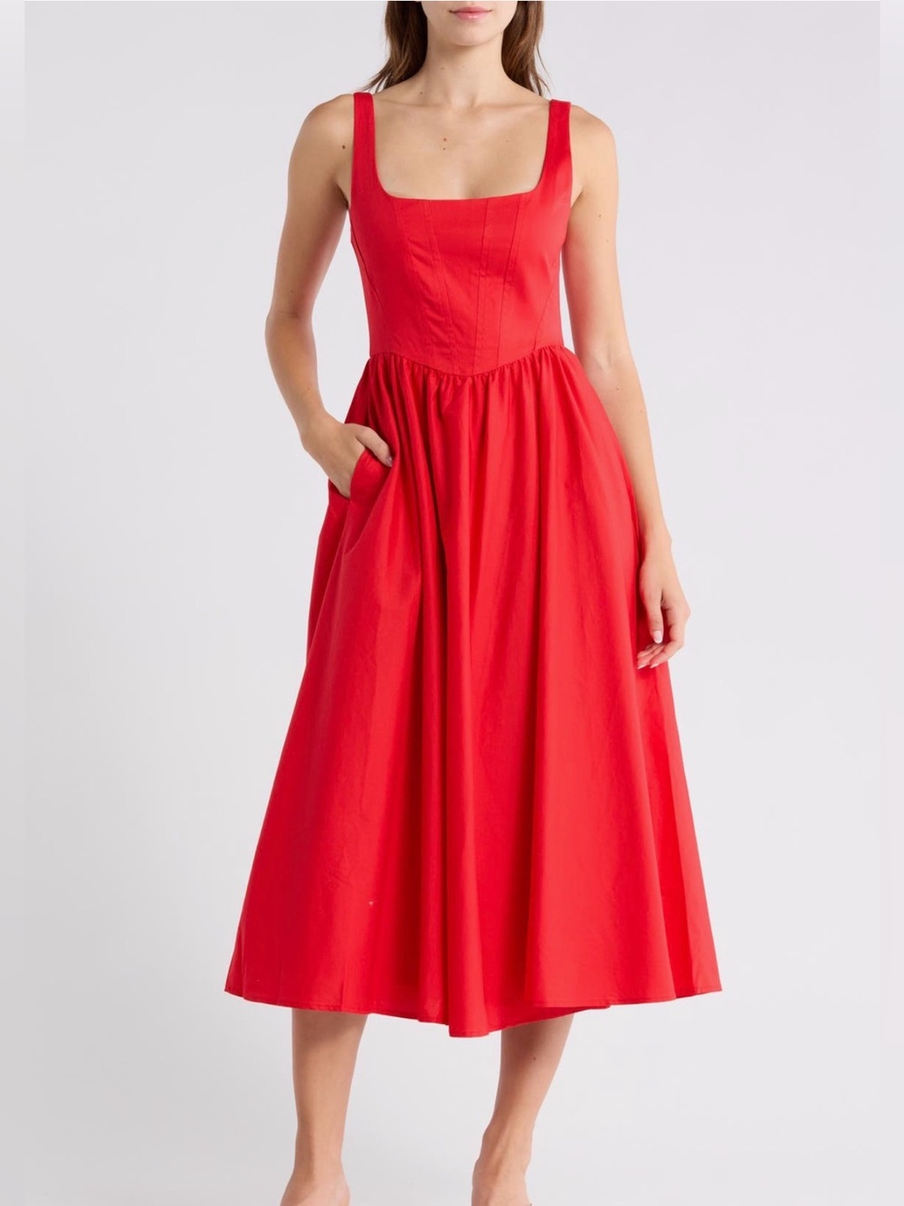 WAYF Square-Neck Corset Red Midi Dress - Size: XS - NWT!
